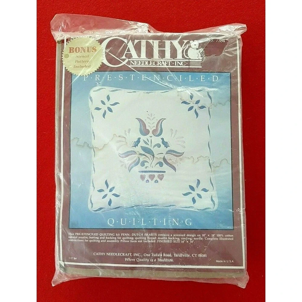 Penn Dutch Hearts Needlecraft Pillow Kit Pre stenciled Quilting #7384 vtg Cathy